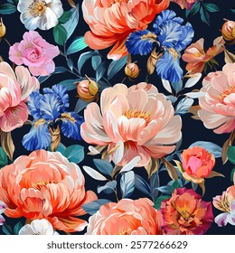 Pattern peonies flowers. Irises, roses. Vector pattern floral summer flowers peonies. For paper, fabric, packaging, interior design