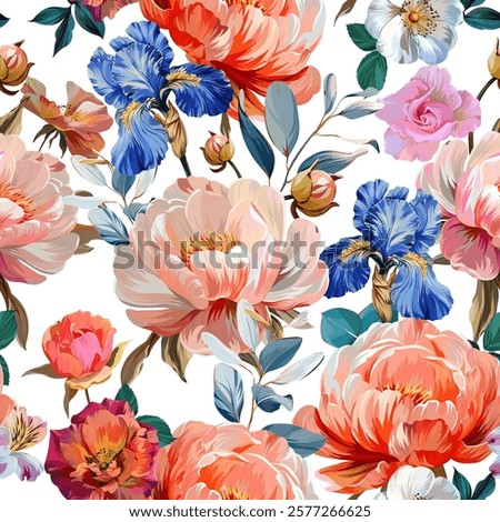 Pattern peonies flowers. Irises, roses. Vector pattern floral summer flowers peonies. For paper, fabric, packaging, interior design