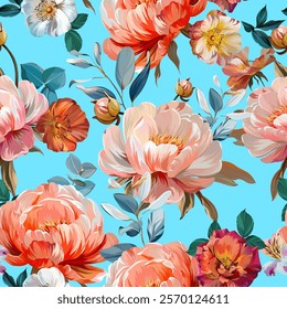 Pattern peonies flowers and roses. Vector pattern floral summer flowers peonies, roses, rose hips. For paper, fabric, packaging, interior design