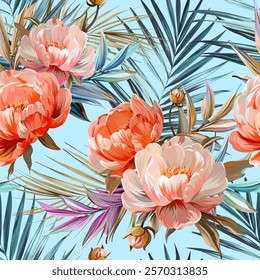 Pattern peonies flowers. Vector pattern floral summer flowers peonies. For paper, fabric, packaging, interior design