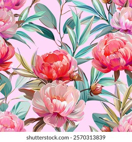 Pattern peonies flowers. Vector pattern floral summer flowers peonies. For paper, fabric, packaging, interior design