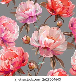 Flores de peônias padrão. Vetor padrão floral flores de verão peônias. Para papel, tecido, embalagem, design de interiores