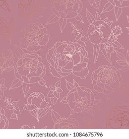 Pattern with peonies with imitation of rose gold. Vector decorative background