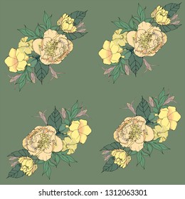 pattern of peonies loaches with leaves on a green background