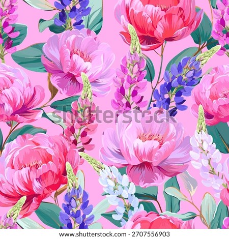Pattern with peonies and lupine flowers, roses, rose hips. Vector floral pattern with summer flowers and peonies. For paper, fabric, packaging and interior design.