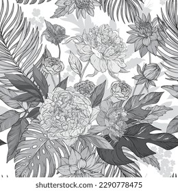 Pattern with Peonies, roses, chrysanthemums