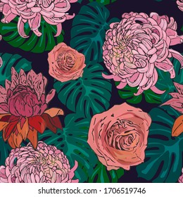 Pattern with peonies, roses flowers and tropical monstera leaves.Colorful and bright summer Silhouette Abstract seamless pattern with leaves and flowers Background with florals vector on modern style.