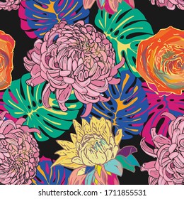 Pattern with peonies, roses flowers and tropical monstera leaves.Colorful and bright summer Silhouette Abstract seamless pattern with leaves and flowers Background with florals vector on modern style.