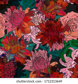 Muster mit Pfingstrosen, Rosenblumen und tropischen Monsterablättern. Farbige und helle Sommer Silhouette Abstraktes nahtloses Muster mit Blättern und Blumen Hintergrund mit floralen Vektorillustration im modernen Stil.