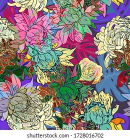 Pattern with peonies, roses flowers and tropical monstera leaves.Colorful and bright summer Silhouette Abstract seamless pattern with leaves and flowers Background with florals vector on modern style.