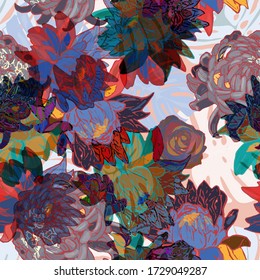 Pattern with peonies, roses flowers and tropical monstera leaves.Colorful and bright summer Silhouette Abstract seamless pattern with leaves and flowers Background with florals vector on modern style.