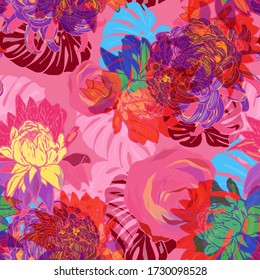 Pattern with peonies, roses flowers and tropical monstera leaves.Colorful and bright summer Silhouette Abstract seamless pattern with leaves and flowers Background with florals vector on modern style.
