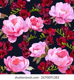Patrón con flores de peonía y freesia. Patrón floral de Vector con flores de verano freesia y peonías. Para papel, tela, embalaje y diseño de interiores.