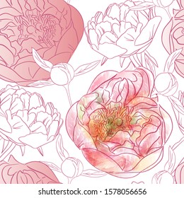 Pattern of peony flowers. Flowers in a pink contour on a white background with a watercolor effect. Vector seamless pattern.