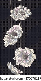 Patrón con flores de peón en franja vertical con silueta de flores sobre fondo oscuro con panel