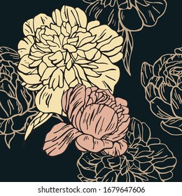 Pattern with peony on a black background. Vector illustration