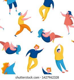 Pattern of people flying, catching something. Various people, men and women in creative poses. Colorful vector illustration in cartoon style.