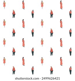 Pattern with people. A girl is walking down the street. Vector flat city infographics. 2D image to use as entourage.