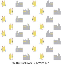 Pattern with people. A girl is walking down the street. Vector flat city infographics. 2D image to use as entourage.