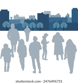 Pattern with people, houses and trees. A girl and a guy are walking down the street in winter clothes. Vector flat city infographics.