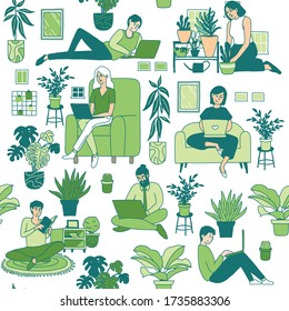 Pattern of people working from home on laptops surrounded by plants, windows, books and other items. Green, nature indoors. Comfortable and happy social distancing. Handdrawn vector illustrations.