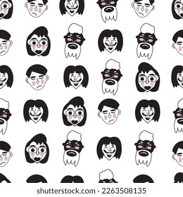 Patrón de las caras de la gente en estilo de caricatura, gráficos vectoriales. imagen perfecta. Blanco de fondo
