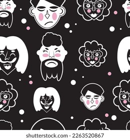 Pattern of people's faces in cartoon style, vector graphics. seamless image. Black White