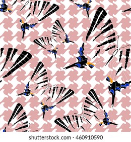 patrón (Pepita o gallo) y mariposas abstractas de dibujo a rayas, diseño de láminas vectoriales sin fisuras, animal de moda, color rosa, blanco y negro, textura de moda