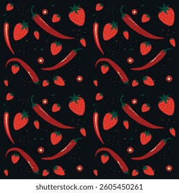 Pattern pepper and strawberry on dark background. Factory textile.