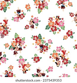 A pattern perfect for textiles made of cute hibiscus and hula dancer materials.,