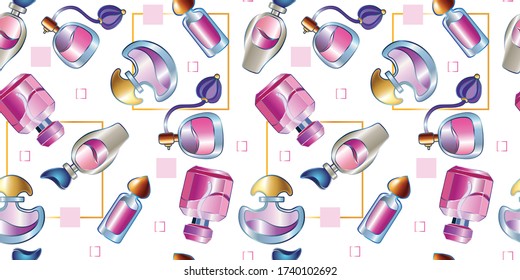 Patrón con botellas de perfume, decorativo
diseño, ilustración vectorial