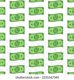 Pattern of Peru Nuevo Sol banknotes on transparent background with mini doodle (icon) and green color. Vector Illustration