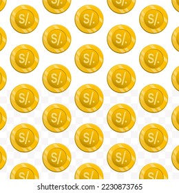 Pattern of Peru Nuevo Sol coins on transparent background with mini doodle (icons) and gold color. Vector Illustration