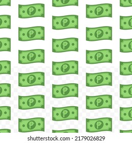 Pattern of Peso banknotes on transparent background with mini doodle (icon) and green color. Vector Illustration