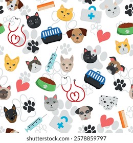 Pattern of Pets and Veterinary Items - Dogs and Cats Heads, Food, Medicine bag, Carrying Box, Syringe, Stethoscope, Footprints, Comb and Hearts. Seamless Link.