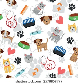 Pattern of Pets and Veterinary Items - Dogs, Cats, Food, Medicine bag, Carrying Box, Syringe, Stethoscope, Footprints Comb and Hearts. Seamless Link.