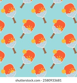 Pattern with pickleball balls and paddle. Sport seamless pattern with sunset paddle . Design for print, banner, card, fabric, cover, wrapping paper, wallpaper. Flat vector illustration