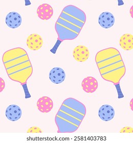 Pattern with pickleball balls and paddle. Sport seamless pattern. Design for print, banner, card, fabric, cover, wrapping paper, wallpaper. Flat vector illustration	