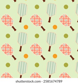  Pattern with pickleball balls and paddle. Sport seamless pattern. Design for print, banner, card, fabric, cover, wrapping paper, wallpaper. Flat vector illustration