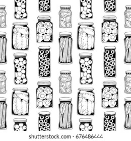 pattern of pickled vegetables in jars. hand drawing