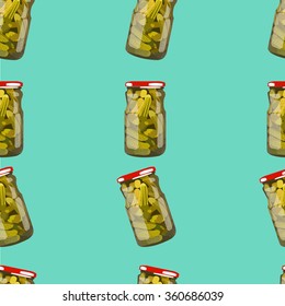 Pattern pickles in jars. Pickled realistic mushrooms. Colorful Vector illustration.