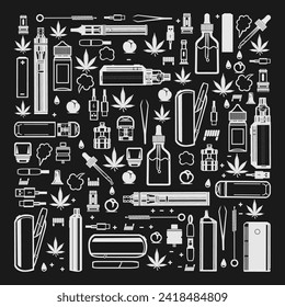 Pattern with pictograms of electronic cigarettes and accessories gradient design of vape shop vector. Black background.