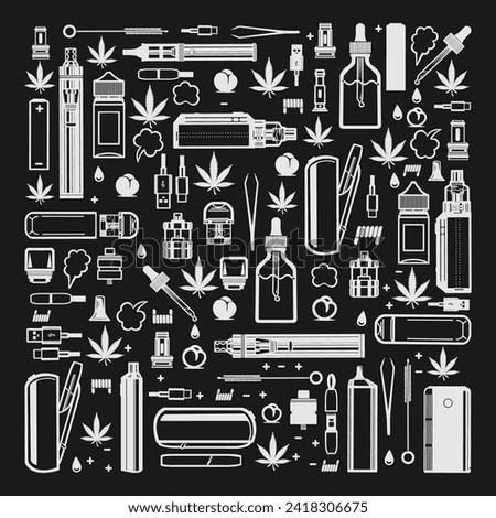 Pattern with pictograms of electronic cigarettes and accessories gradient design of vape shop vector. Black background.