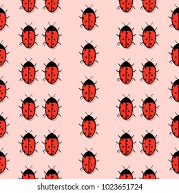 Pattern with a picture of ladybirds with a mirror shadow on a red background. Vector. Flat