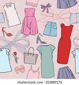 Pattern with pictures of clothes and accessories, dresses, blouses and tops, skirts, shorts, shoes, bags and bows
