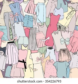 Pattern with pictures of clothes and accessories, dresses, blouses and tops, skirts, shorts, shoes, bags and bows