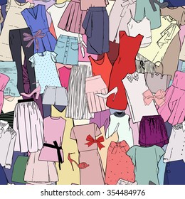 Pattern with pictures of clothes and accessories, dresses, blouses and tops, skirts, shorts, shoes, bags and bows