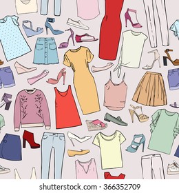 Pattern with pictures of clothes and accessories, dresses, blouses and tops, skirts, shorts, shoes and bows