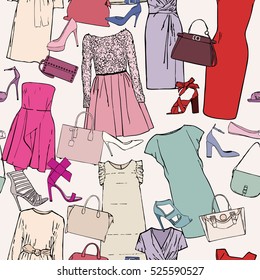 Pattern with pictures of clothes and accessories, dresses, shoes and handbags
