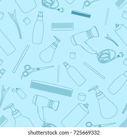 Pattern from the pictures "hair care". Hair dryer, scissors, hair clips, hairbrushes, hair spray, hairpins, shampoo, conditioner.  blue background. Vector eps10.